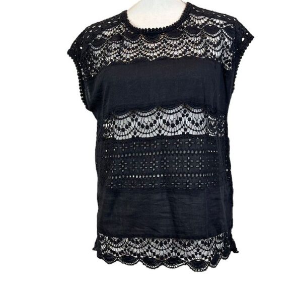 Joie Sigrid Black Eyelet Blouse Cap Sleeve Lacy 100% Cotton Oversized XS - Picture 2 of 13